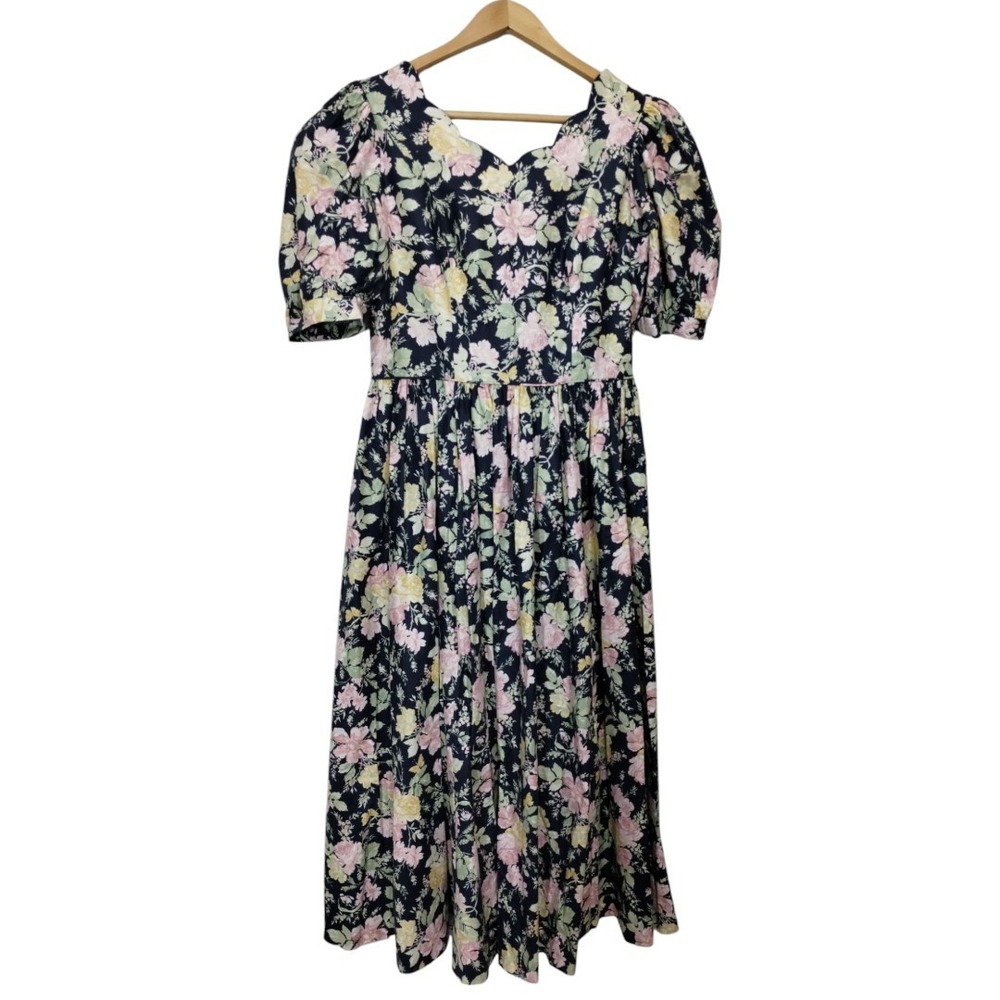 Laura Ashley‎ Scalloped Bow Cottage Core Prairie Midi Dress Floral Open Back